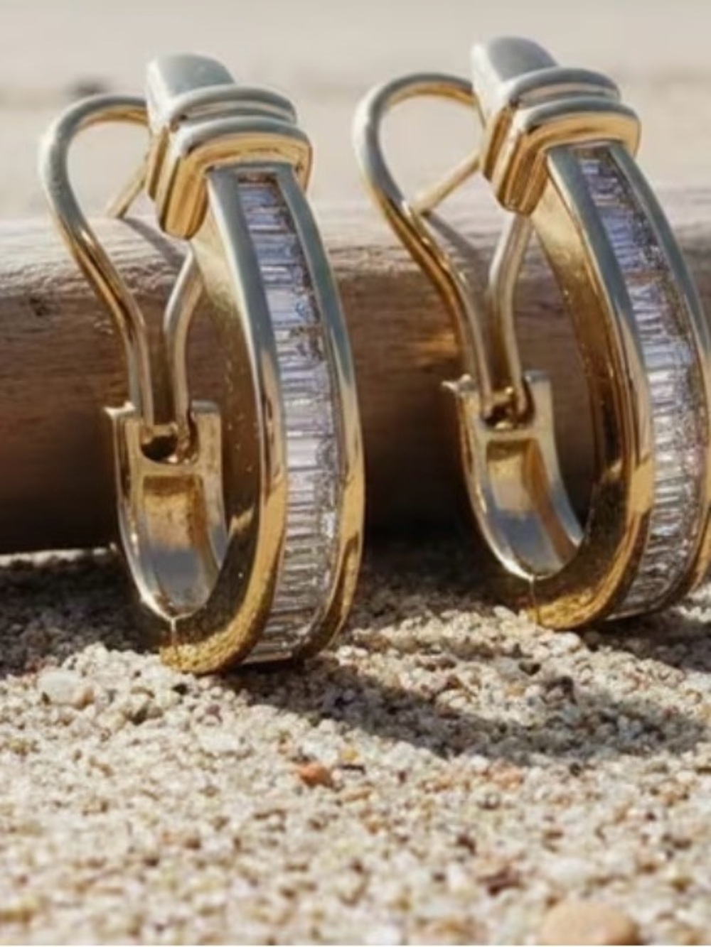 Gold Tone Hoop Earrings with Baguette Crystal Inlay - Women Jewelry